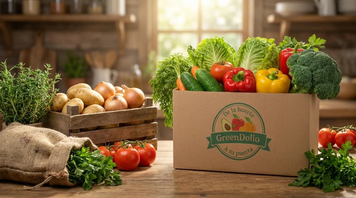 Caja Green Dolio llena de vegetales frescos en una cocina campestre